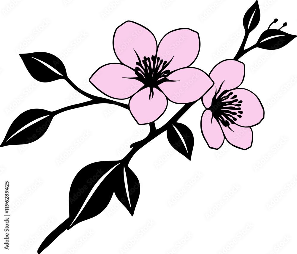 Fototapeta premium Pink flowers on a branch with delicate petals and green leaves in a simple, elegant design