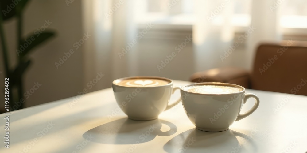 Two cups of aromatic coffee with latte art, bathed in sunlight on a minimalist table Two cups of aromatic coffee with latte art, bathed in sunlight on a minimalist table