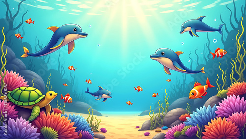 “Whimsical Underwater Scene with Cartoon Marine Life” – A playful and colorful illustration of cartoon sea creatures like dolphins, turtles, and tropical fish swimming among coral reefs.
