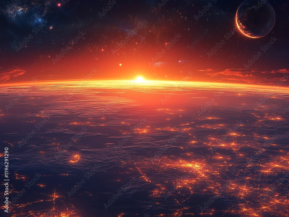 Fototapeta premium Fiery Sunset over a Cityscape on an Alien Planet with a Moon