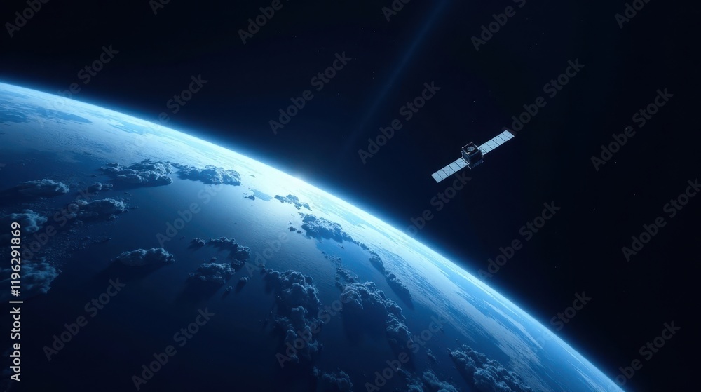 Fototapeta premium A lone satellite orbits a serene planet, a breathtaking view of Earth from the cosmos, showcasing the beauty of our world and the vastness of space