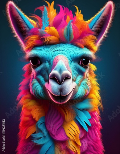 creative bright colorful paint splashes portrait of a llama with dark background