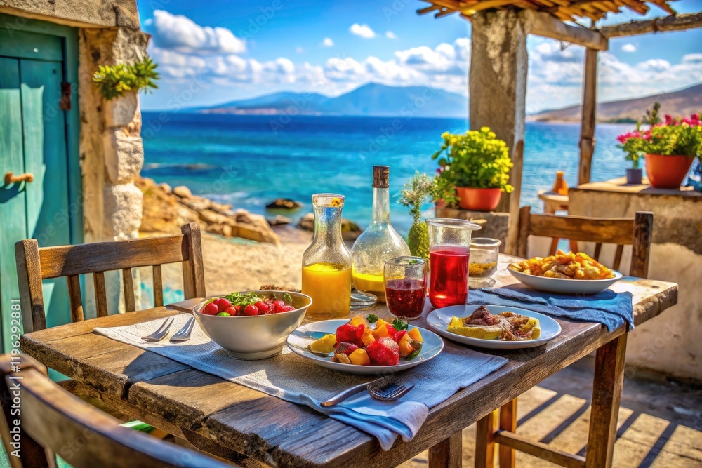 Obraz premium Escape to the coast: Ouzo, raki, seafood delicacies, and blissful beach vibes await.