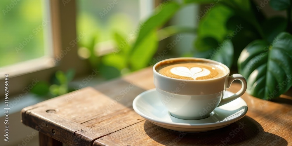 Aromatic Coffee with Heart Design in Sunlight near Greenery on Rustic Wooden Table Aromatic Coffee with Heart Design in Sunlight near Greenery on Rustic Wooden Table