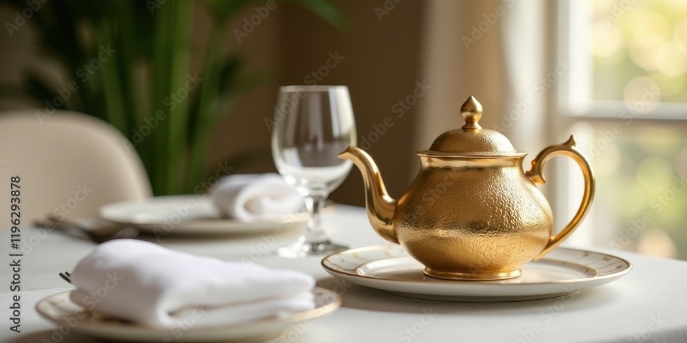 Elegant gold teapot on a table setting with a wine glass and napkins Elegant gold teapot on a table setting with a wine glass and napkins