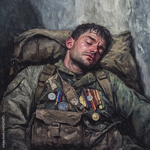 Disillusioned Veteran Resting on Hallowed Memorial Ground with Tattered Backpack as Pillow Faded Medals on Chest Melancholic Realist Painting photo