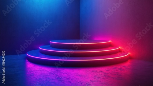 Vibrant illuminated circular platform in a modern space with blue and pink lighting effects