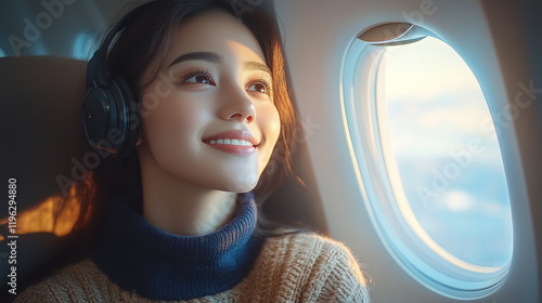 Indonesian woman listening music enjoying flight and business trip by commercial plane