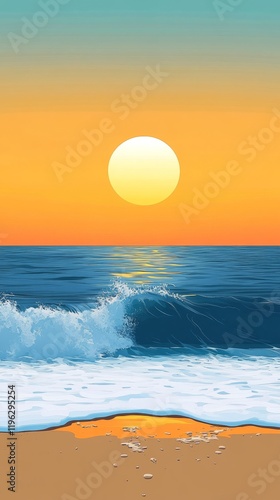 Ocean sunset with waves crashing on beach