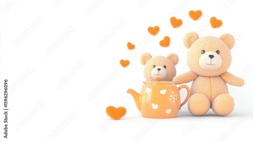Adorable Teddy Bears with Hearts and Teapot on White Background Adorable Teddy Bears with Hearts and Teapot on White Background