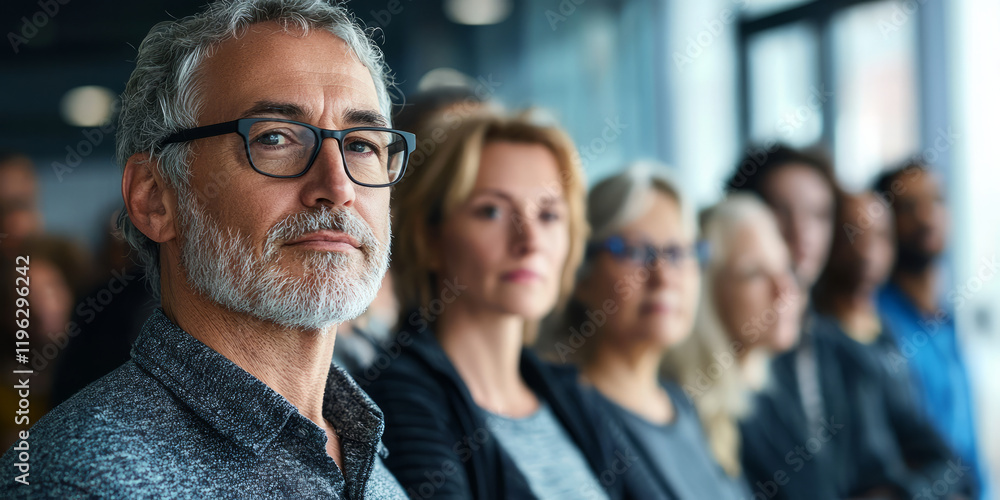 A diverse group of people standing in line, The focus is on one middle-aged man with gray hair and glasses, generarive AI A diverse group of people standing in line, The focus is on one middle-aged man with gray hair and glasses, generarive AI