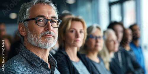 A diverse group of people standing in line, The focus is on one middle-aged man with gray hair and glasses, generarive AI photo