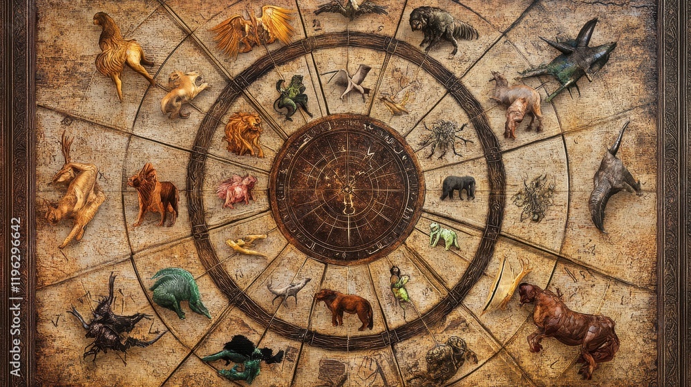 Fototapeta premium Ancient Zodiac Wheel with Intricate Carved Animal Figures