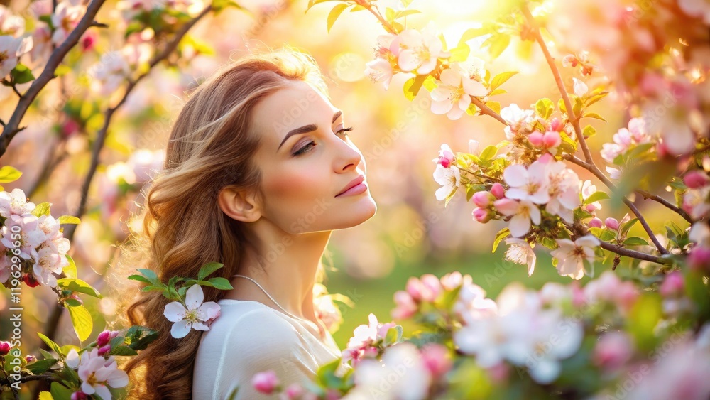Spring's delicate embrace: a woman's portrait, framed by a blooming apple orchard. Spring's delicate embrace: a woman's portrait, framed by a blooming apple orchard.