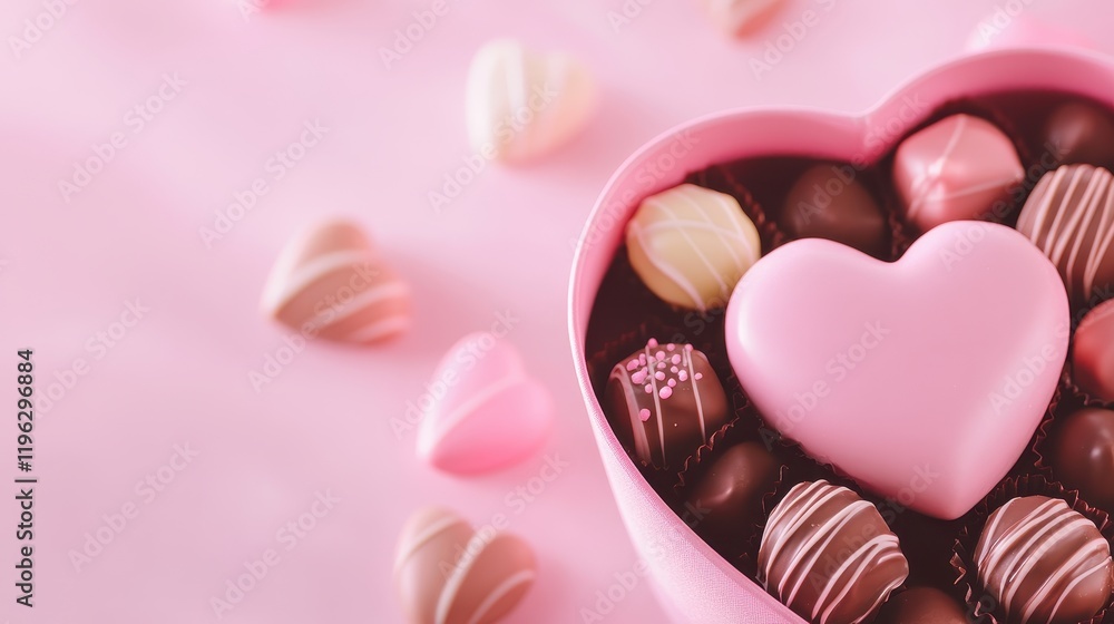 Fototapeta premium Assortment of Pink Chocolates in Heart-Shaped Box