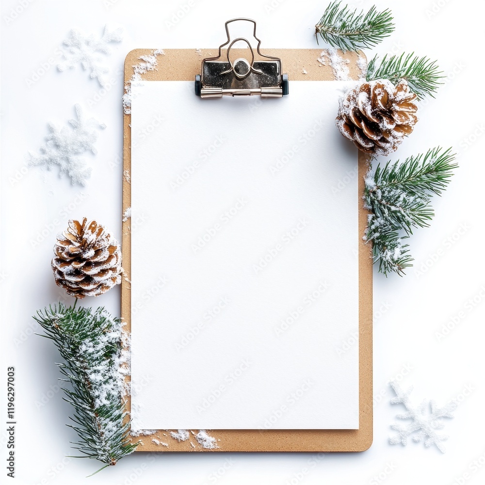 Blank Winter Holiday Notepad Mockup with Snowflakes and Pine Cones Blank Winter Holiday Notepad Mockup with Snowflakes and Pine Cones