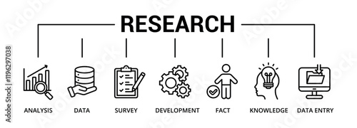 Research banner icon with analysis, data, survey, development, fact, knowledge, data entry