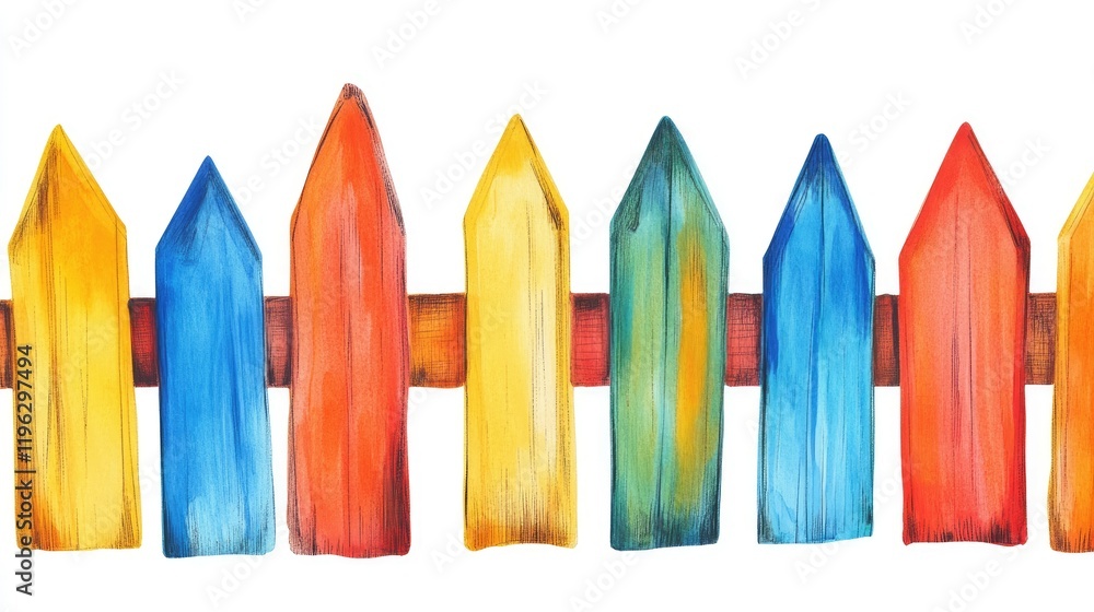 A set of bright and vivid picket fences in unique shapes and colors, aligned on a seamless white background. A set of bright and vivid picket fences in unique shapes and colors, aligned on a seamless white background.