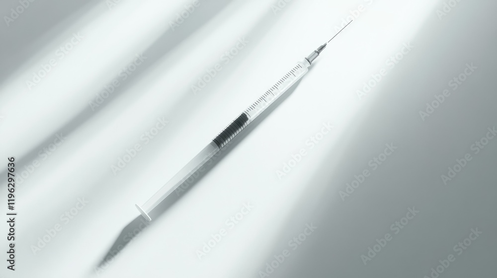 Fototapeta premium A sharp medical syringe laid diagonally on a white surface, focusing on its sleek design