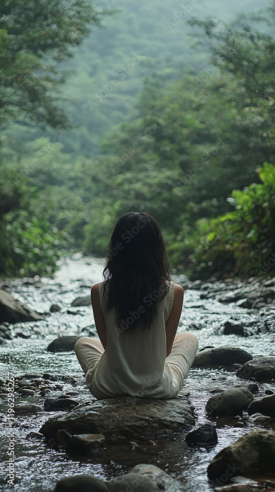 a peaceful scene of a woman sitting on smoothe rocks by a river a peaceful scene of a woman sitting on smoothe rocks by a river