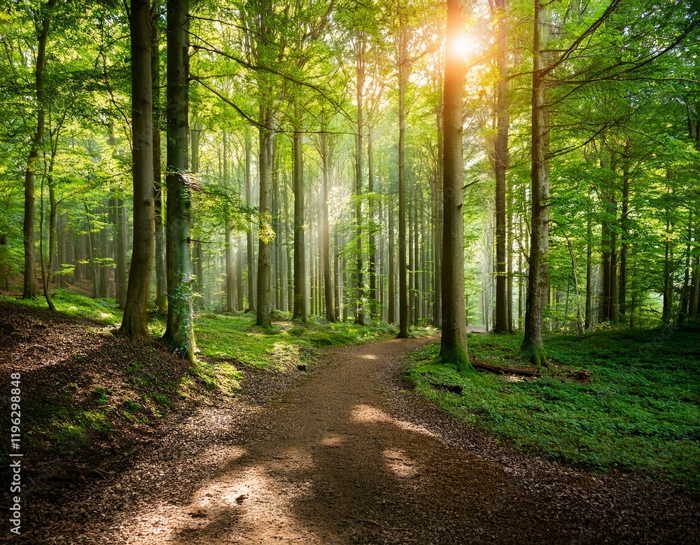 Fototapeta premium Sunlit Forest Path: A picturesque path winds through a vibrant, sun-drenched forest, dappled sunlight illuminating the lush green undergrowth and tall trees.