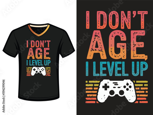 Vibrant design featuring retro gaming-inspired elements on a black t-shirt. Emphasizes leveling up in style with colorful distress-text art and a bold game controller.