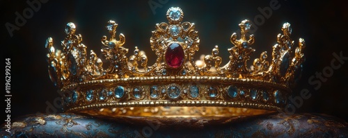 Royal crown displayed elegantly on a pillow with dark backdrop. photo