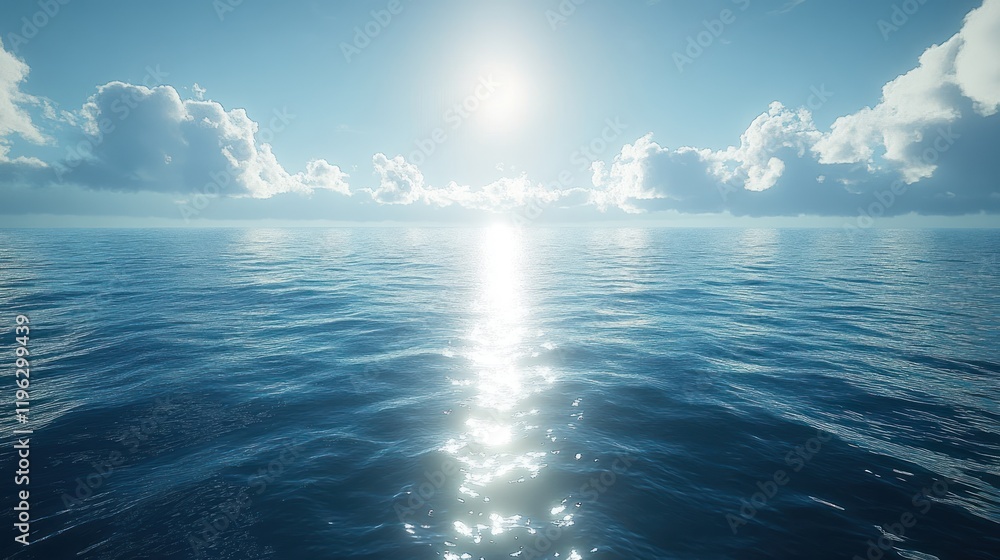 Fototapeta premium Serene ocean landscape under a bright sun with reflective water and fluffy clouds, perfect for relaxation