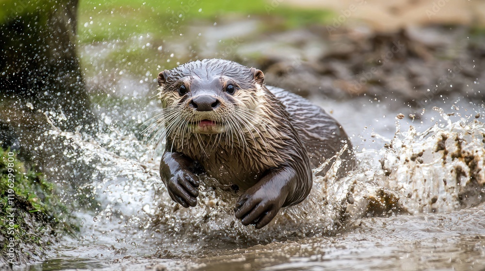 A playful otter sliding down a muddy riverbank into the water. A playful otter sliding down a muddy riverbank into the water.