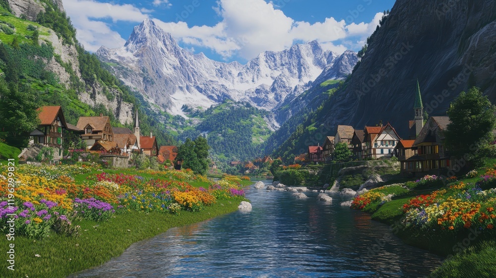 Fototapeta premium A river runs through a valley with a town on the right bank