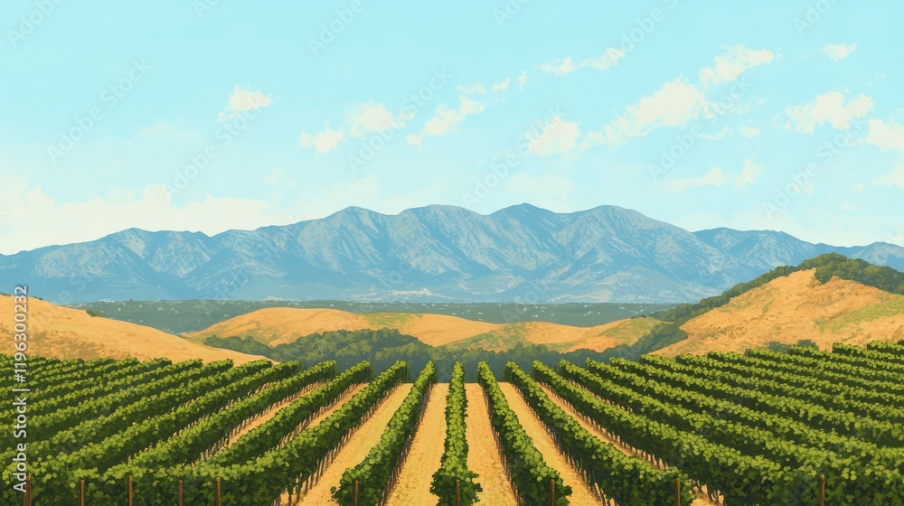 A computer generated image of a vineyard with a mountain in the background A computer generated image of a vineyard with a mountain in the background