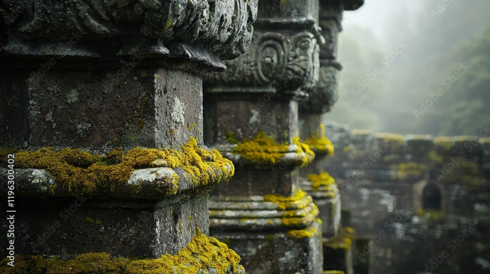 Fototapeta premium ancient stone pillars eroded by centuries - their surface covered with moss