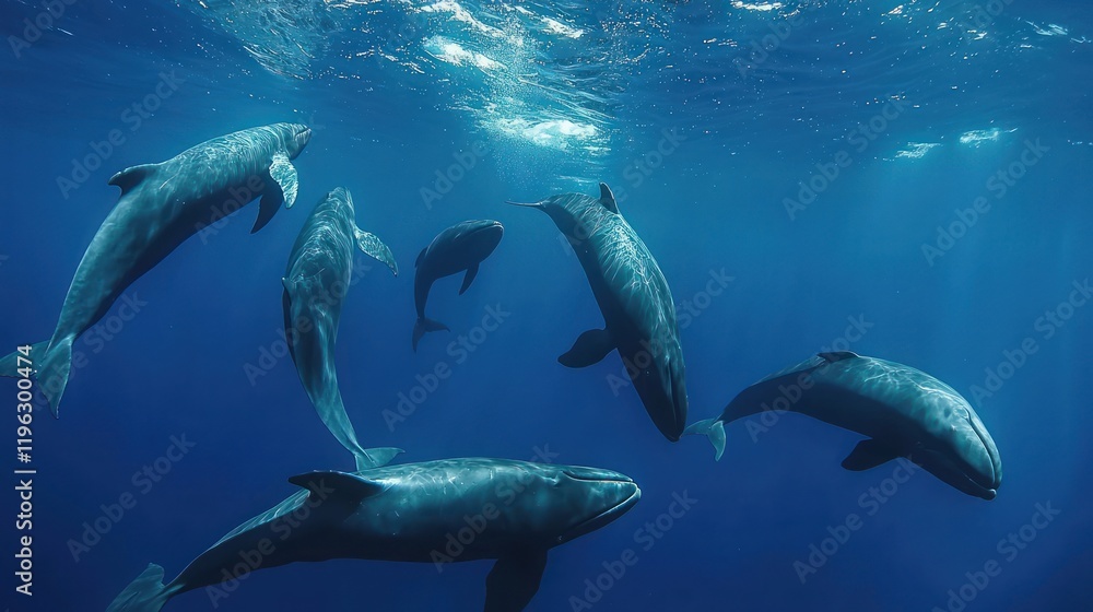 Obraz premium A pod of pilot whales swimming together in the open sea.