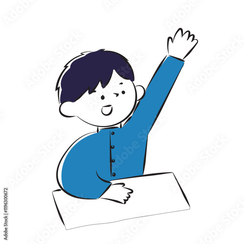 Simple hand-drawn illustration of a male student in school uniform raising his hand with a smile.