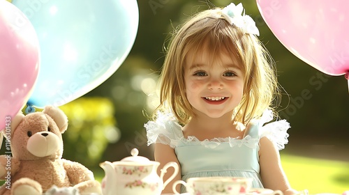 Happy girl's garden tea party with balloons