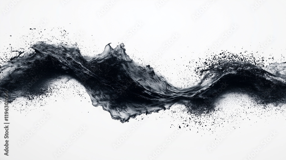 Obraz premium Dynamic abstract wave of black liquid splashing against a white background, creating a striking contrast and fluid motion.