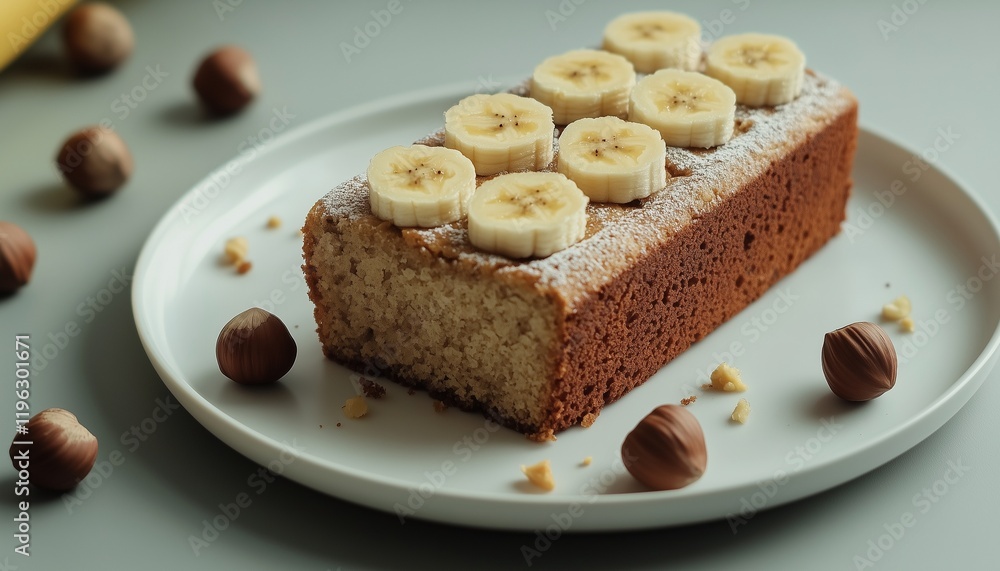 Banana loaf cake and hazelnut for snack dessert family time on white plate Banana loaf cake and hazelnut for snack dessert family time on white plate