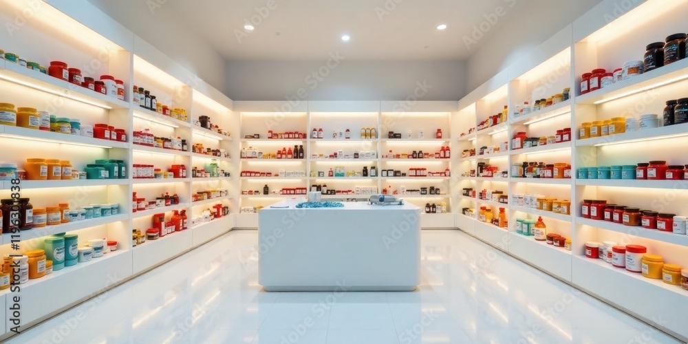 Modern minimalist health supplement retail space showcasing neatly organized containers of various vitamins and wellness products on bright shelves Modern minimalist health supplement retail space showcasing neatly organized containers of various vitamins and wellness products on bright shelves