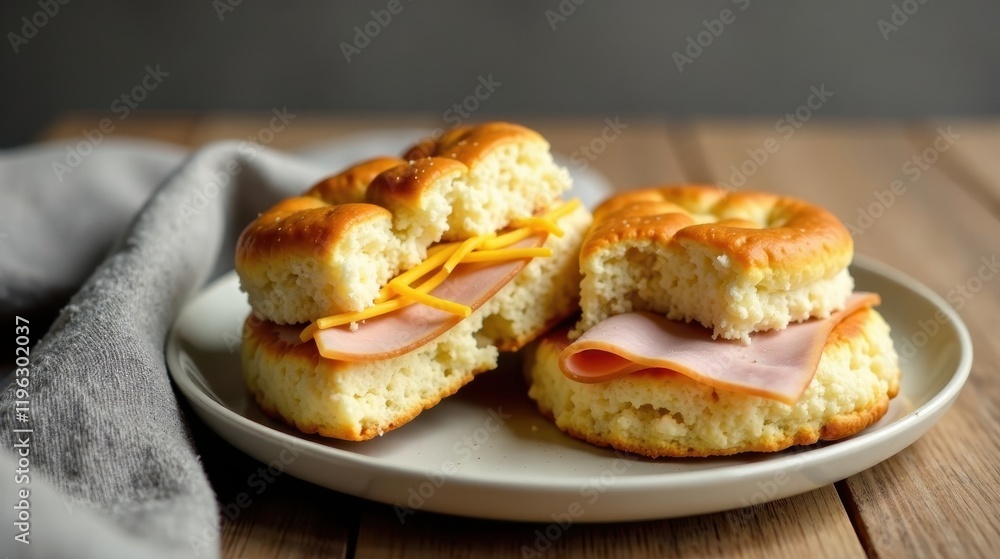 Scrumptious Buttery Biscuits with Sliced Ham and Melted Cheese on a Rustic Wooden Table Scrumptious Buttery Biscuits with Sliced Ham and Melted Cheese on a Rustic Wooden Table