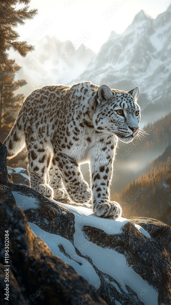 Obraz premium a snow leopard gracefully walking on a rocky mountain ridge