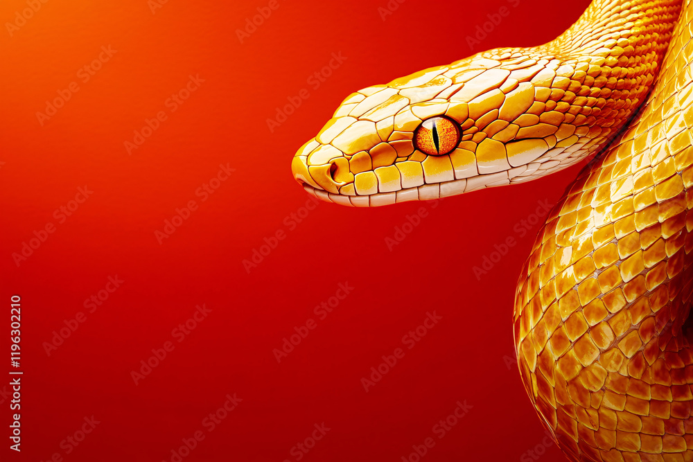 A golden snake Chinese illustration is wrapped around the edge of an orange-red background, Festive year of the snake wallpaper with copy spaces. A golden snake Chinese illustration is wrapped around the edge of an orange-red background, Festive year of the snake wallpaper with copy spaces.
