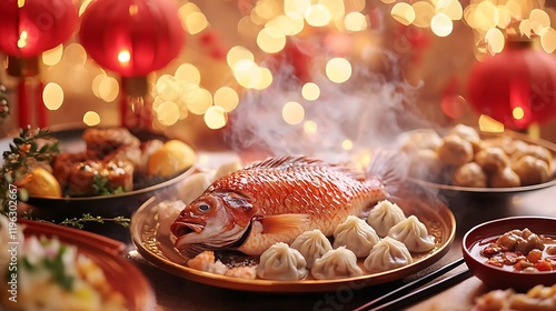 Steamed fish, dumplings, Lunar New Year feast photo