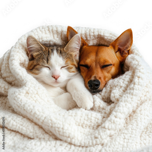 Cute Cat and Dog Sleeping Together Under Blanket