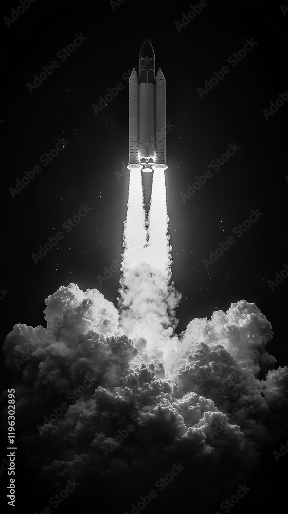 Fototapeta premium Rocket launch through dramatic clouds at night