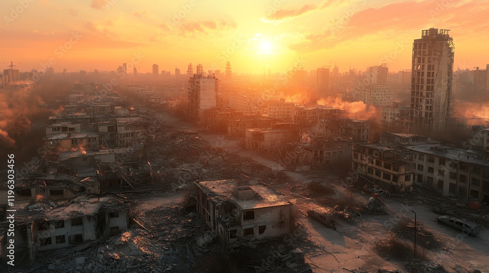 Fototapeta premium A panoramic view of a ruined city at sunset, showcasing the devastating effects of a catastrophic event. The scene is filled with destruction, conveying a sense of desolation and loss.