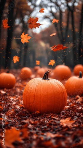 Autumn pumpkin patch with falling leaves