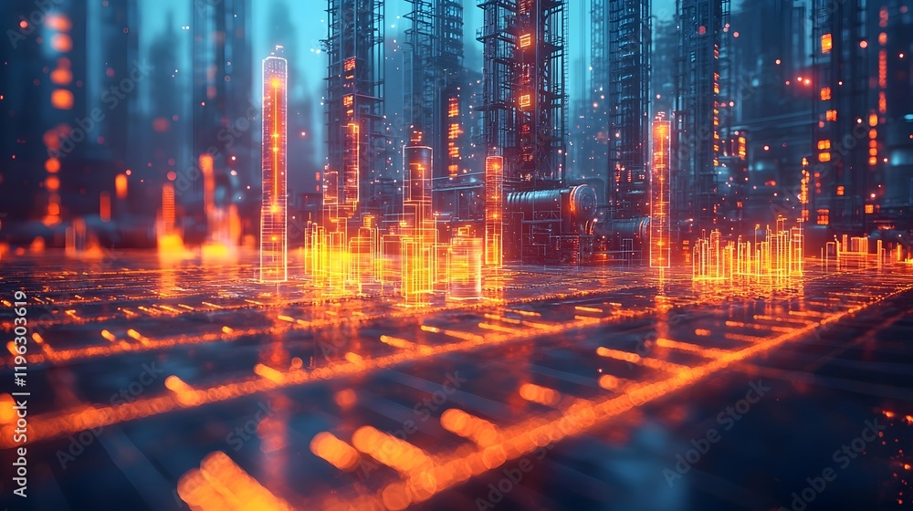 Dynamic Industrial Skyline with Glowing Bar Charts and Factory Silhouette Dynamic Industrial Skyline with Glowing Bar Charts and Factory Silhouette