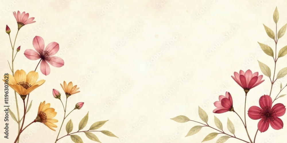 Elegant floral arrangement with delicate blossoms and leaves on a textured background, perfect for invitations, cards, or stationery designs. Elegant floral arrangement with delicate blossoms and leaves on a textured background, perfect for invitations, cards, or stationery designs.