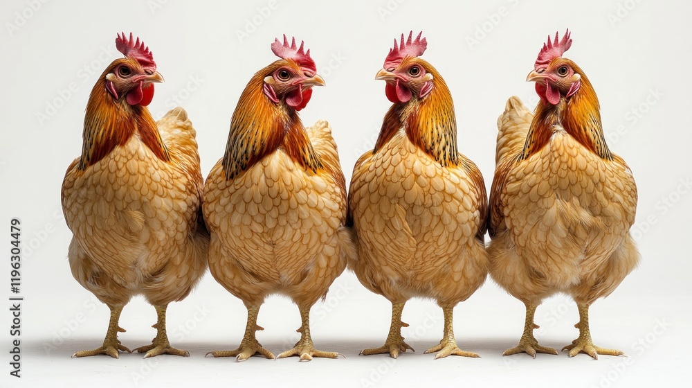 Fototapeta premium Four vibrant, healthy chickens standing in a row against a plain background, showcasing their plumage and posture