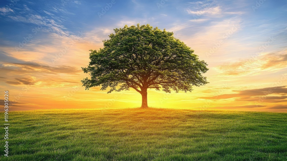 Fototapeta premium Lone tree in an open field illuminated by a glowing sunset, symbolizing resilience and the need for environmental protection
